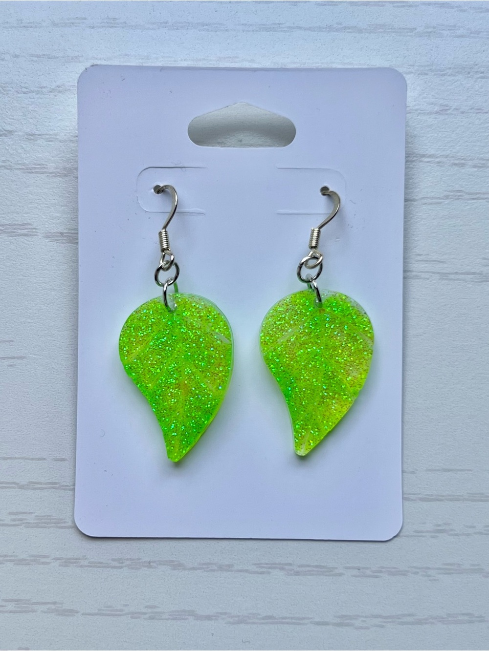Neon Green Glitter Leaf Resin Artisan Dangle Earrings